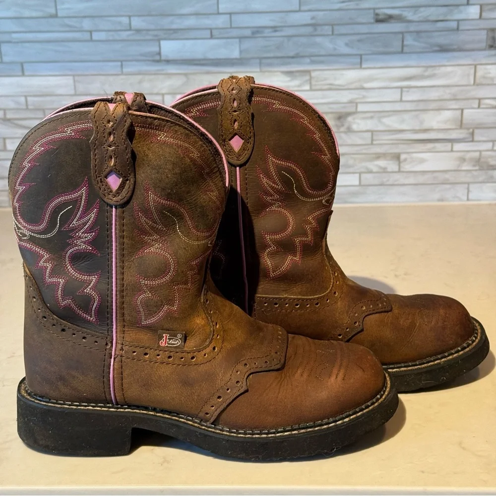 Justin Gypsy Brown Leather Embroidered Pull On Western Boot Size 8.5 B  L9903 - Picture 5 of 12